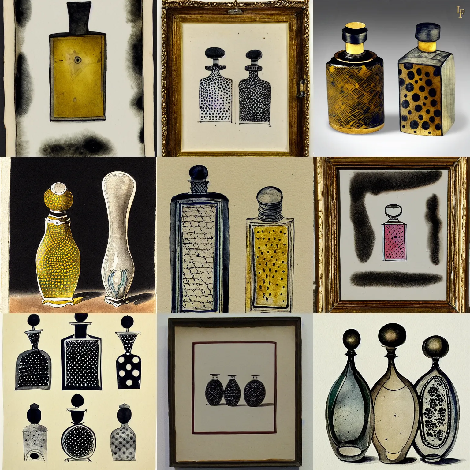 Prompt: dot artby benday, 1 8 th century perfume bottles, ink painting on paper