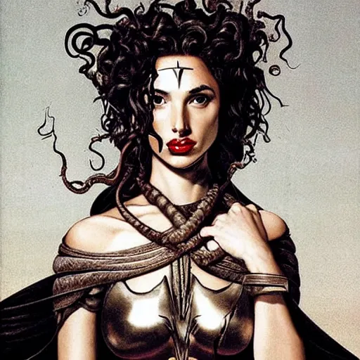 Image similar to gal gadot as medusa on her face an expression of horror and her hair is all writhing serpents by caravaggio