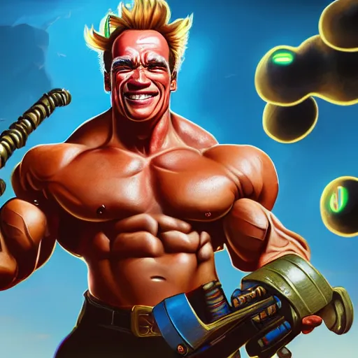 Image similar to a screenshot of arnold schwarzenegger as junkrat in overwatch holding bomb, portrait, fantasy, beautiful face, vivid colors, elegant, concept art, sharp focus, digital art, hyper - realistic, 4 k, unreal engine, highly detailed, hd, dramatic lighting by brom, trending on artstation