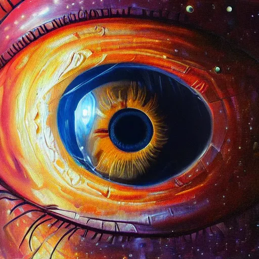 Image similar to a highly detailed photorealistic painting of a human eye reflecting outer space