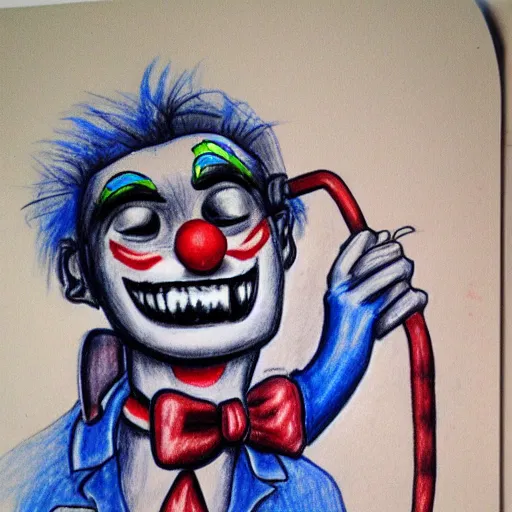 Image similar to a drawing of a clown with a stethoscope and blue shirt, face paint, a character portrait, trending on deviantart, neoplasticism, creepypasta, freakshow, macabre, white background