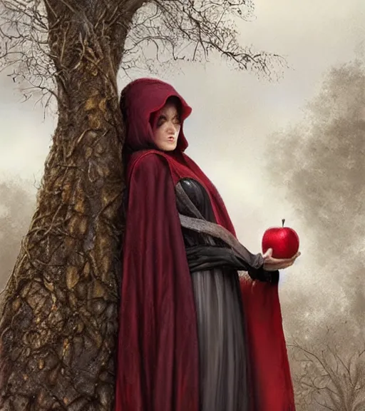 Prompt: a woman in a hooded cloak [ leaning against a tree ] holding an apple, looking at the viewer, roguish, fantasy digital painting, stunning, intricate details, artwork by ross tran and ralph horsley