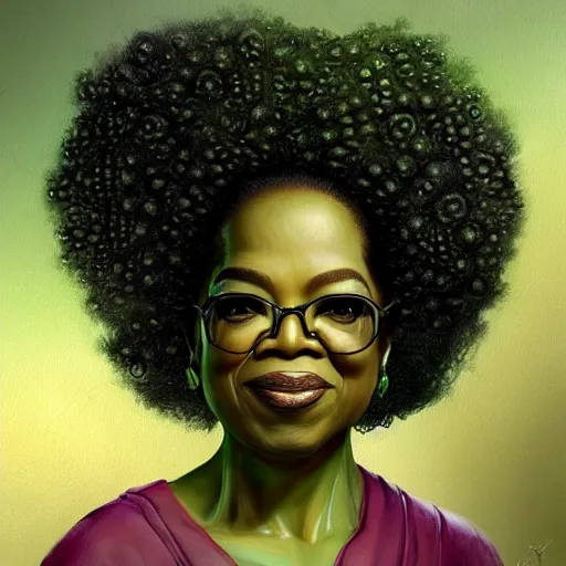 Image similar to a dish of oprah winfreys face fused with okra veg with green stalky ( ( green oprah winfrey's face ) ), oprah okra winfrey sentient veg, by greg rutkowski