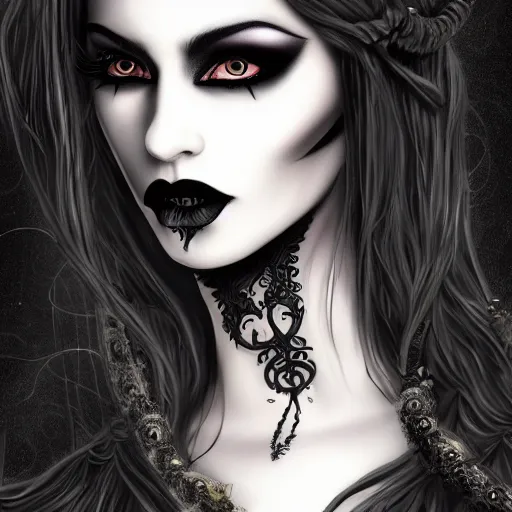 Prompt: a gothic female, wearing black lipstick, digital art, intricate drawing, extremely detailed face, beautiful face, beautiful aesthetic face, 8 k resolution, realistic fantasy