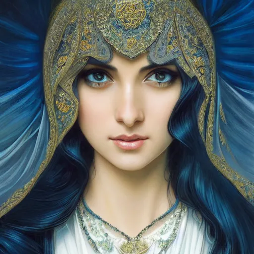 Image similar to ameera al taweel, bright blue eyes, long wavy black hair, white veil, front , highly detailed, digital painting, artstation, concept art, smooth, sharp focus, illustration, ArtStation, art by artgerm and greg rutkowski and alphonse mucha and J. C. Leyendecker and Edmund Blair Leighton