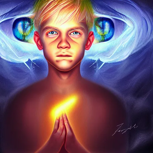 Prompt: powerful eyes glowing highly detailed painting of deep sadness alone, young blonde boy spiritual portrait, fractal electricity surrounding him, expressive emotional sadness piece, trending on art station, abstract emotional sadness expression, very very very beautiful, fantasy digital art, visionary art, magical fantasy 2 d concept art