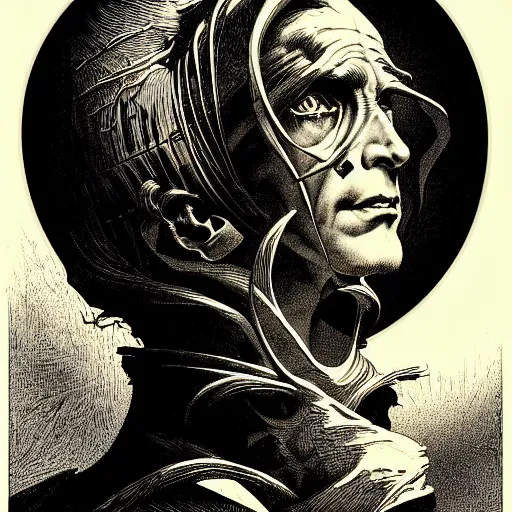 Image similar to portrait dramatic light, by bernie wrightson and simon bisley and joe fenton, inspired victorian sci - fi, etching, fine, sharp high detail, duotone screen print,