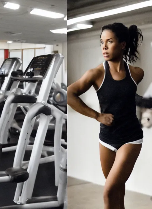 Prompt: Live Action Still of woman in white athletic is working out in the gym, real life, body and headshot, film still