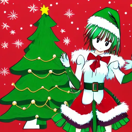 Image similar to christmas tree waifu, an anime girl dressed as a christmas tree