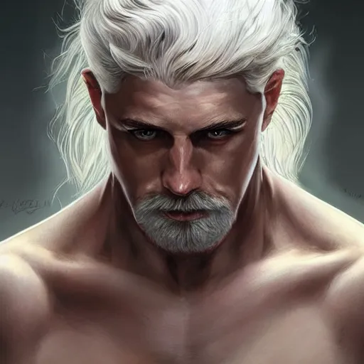 Image similar to david the destroyer, handsome, white hair, soft hair, upper body, muscular, hairy torso, fantasy, intricate, elegant, highly detailed, digital painting, artstation, concept art, smooth, sharp focus, illustration, art by artgerm and greg rutkowski and alphonse mucha