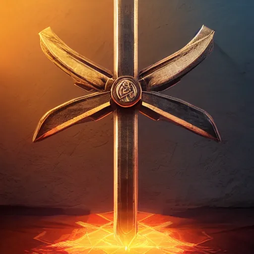 Prompt: symmetrical game sigil of giant medieval swords crossed, red powerful fantasy epic legends, game icon stylized, digital illustration radiating, a glowing aura, global illumination, ray tracing, 8 k high definition, intricate details, octane render, unreal engine, trending on arstation