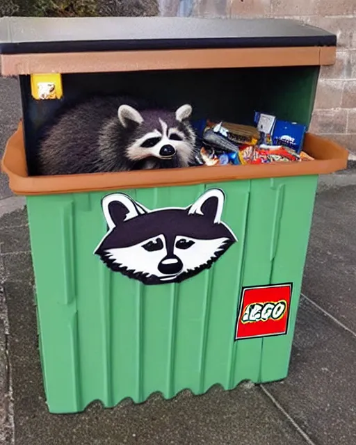 Image similar to lego raccoon dumpster set