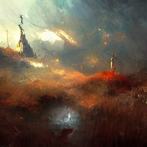 Image similar to a sky of fallen dreams falling to the ground, beautiful, landscape, in the style of craig mullins, whimsically, eerie