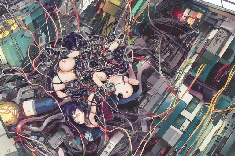 Image similar to cyberpunk anime illustration of a group of female androids lying on an empty white floor in various poses with their bodies open showing a tangled mess of wires and cables coming out, by katsuhiro otomo and masamune shirow, hyper-detailed, colorful, beautiful, bird view