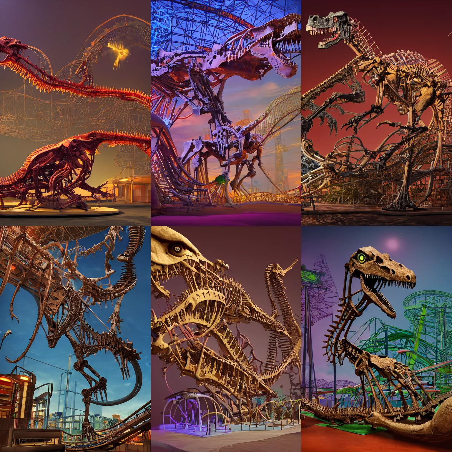 Prompt: Simple bionic exploded drawing dinosaur skeleton sculpture made from rollercoaster, with colorfull big tubes organs, by david lachapelle, by angus mckie, by rhads, in a dark empty black studio hollow, c4d, at night, rimlight, rimight, rimlight, c4d, blender donut tutorial, octane