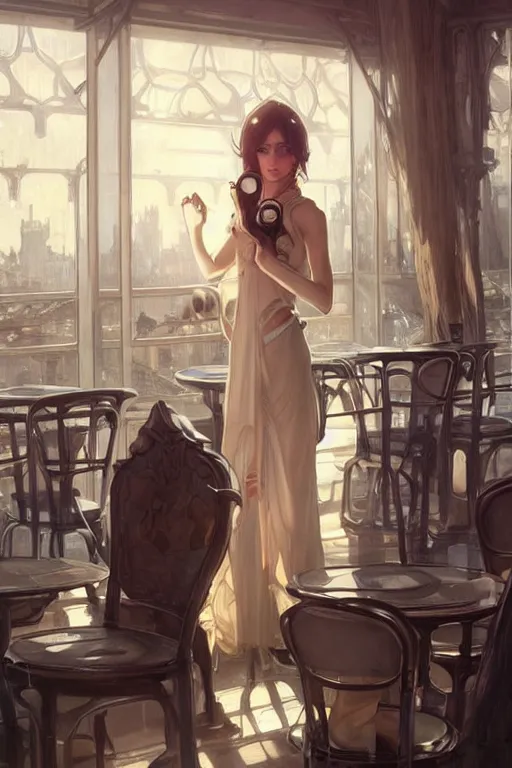 Image similar to an attractive serene cute android in a cafe, partially human , partially biomedical design , natural atmosphere, great high details, highly reaslitic, cinematic lighting, intricate, elegant, super highly detailed, art station, concept arD, beautiful, delicate, art by artgerm and greg rutkowski and alphonse mucha and loish and WLOP