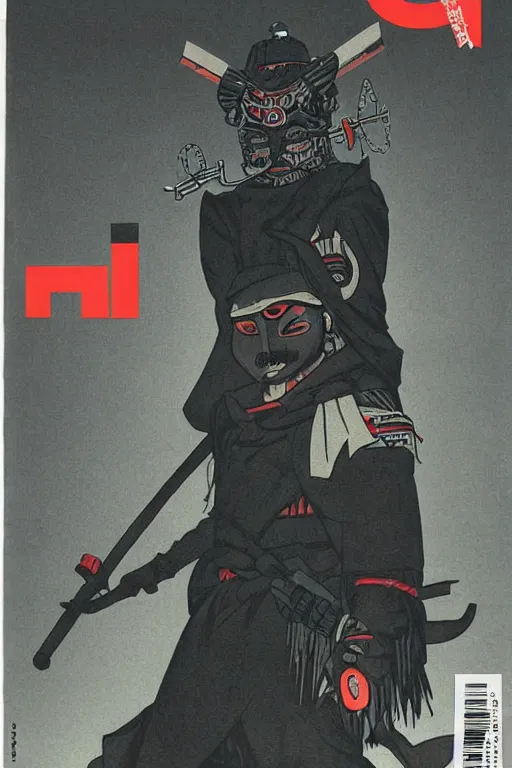 Image similar to 1 9 7 9 omni magazine cover of hiroyuki sanada in a samurai hat and oni half - mask. piercing gaze. simple stylized cyberpunk photo by josan gonzalez.