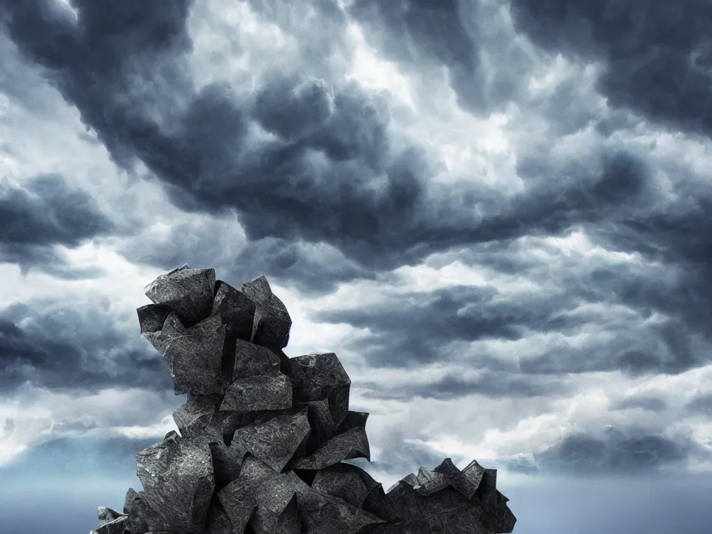 Image similar to photo of a origami rocky hill, in the middle of a storm. realistic origami clouds. impressive, magical, very atmospheric, cinematic, stunning, masterpiece, romantic, trending in artstation, very detailed. 4 k