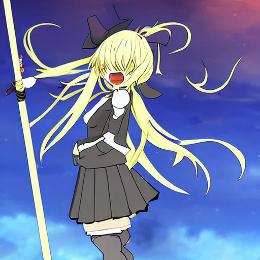 Prompt: marisa from touhou with staff stands on a cliff, anime