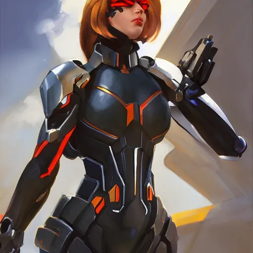 Image similar to greg manchess portrait painting of light armored black widow as overwatch character, medium shot, asymmetrical, profile picture, organic painting, sunny day, matte painting, bold shapes, hard edges, street art, trending on artstation, by huang guangjian and gil elvgren and sachin teng