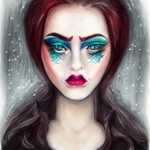 Image similar to beautiful grumpy girl, portrait, ice magic, dark hair and makeup, hand drawing, colour