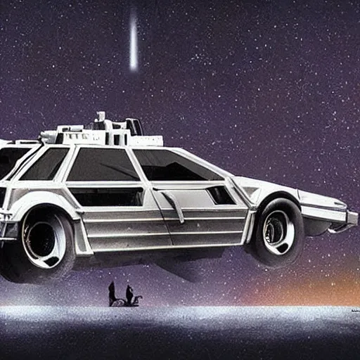 Image similar to the dolorean from the movie back to the future, in the style of the movie mad max