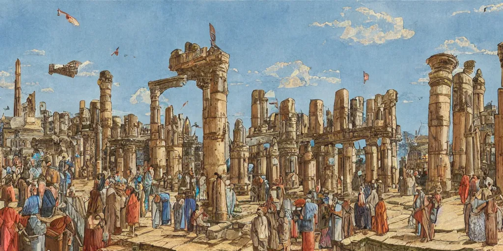 Image similar to illustration, ancient thriving city buildings on top tall pillars structure over the ocean, tall arches, busy with people