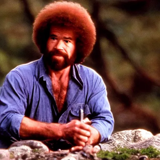 Prompt: A still of Bob Ross as Rambo in Rambo First Blood (1982), cinematic shot, dramatic lighting