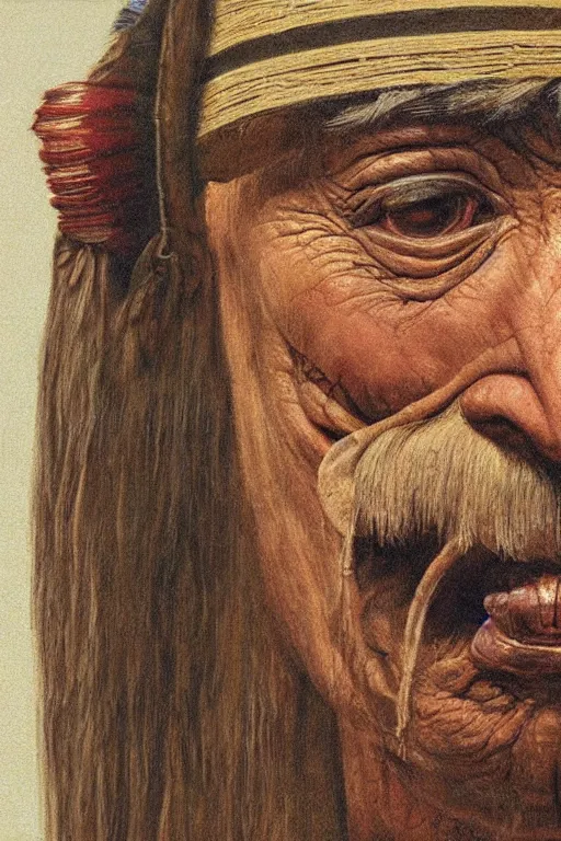 Image similar to hyperrealism close-up portrait of an ugly old man and lama in War bonnet in style of da Vinci