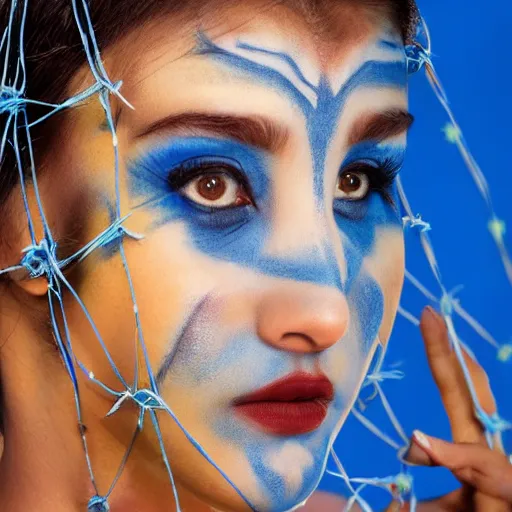 Image similar to a blue - skinned female navi from avatar wrapped in barbed wire suspended in the air, cosplay, body paint, high resolution film still, hdr color, movie by james cameron