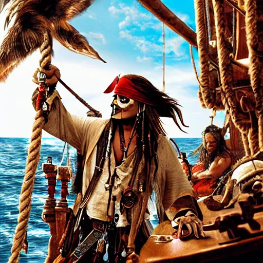 Image similar to jack sparrow drinks rum from bottle at the deck of pirate ship, focus, 3 d illustration, sharp, intricate, poster,, photo, detailed photo, scene from pirates of caribbean