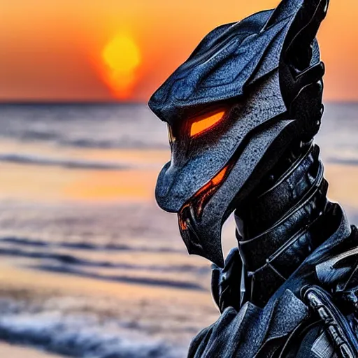 Image similar to epic close up bust shot, realistic detailed stunning beautiful anthropomorphic robot female dragon, doing an elegant pose with hand on hip, looking to the side, sleek streamlined armor and design, sharp claws, sleek well designed head with LED eyes, standing on two legs, wearing a hooded cloak that blows in the wind from behind her, on the beach during sunset, high quality, cinematic art, sunset lighting, artstation, deviantart, furaffinity