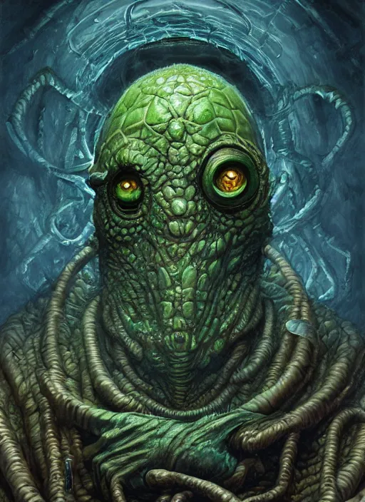 Prompt: hp lovecraft monster mf doom reptile eyes, blue skin, highly detailed, centered, digital painting, artstation, concept art, smooth, sharp focus, illustration, artgerm, tomasz alen kopera, peter mohrbacher, donato giancola, joseph christian leyendecker, wlop, frank frazetta