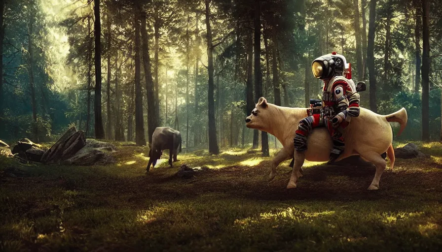 Image similar to american astronaut in the forest riding a bull, objects well lit, plants environment, wide angle, cinematic lighting, atmospheric, realistic, octane render, highly detailed, color graded, in the style of craig mullins