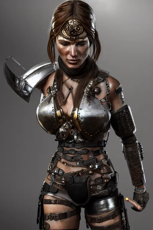 Image similar to hyper realistic glorious ancient celtic lara croft in a obsidian metal armor, futuristic design, designed by makoto kobayashi and luca zampriolo, portrait, cyberpunk style, wood and gold details, intricate, extremely detailed, ornate, deep of field, hard surface, exoskeleton, substance designer metal