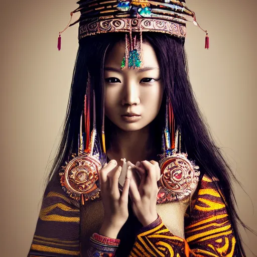 Prompt: portrait of a stunningly beautiful asian tribal female with lens flars and depth of field, zeiss lens, detailed, symmetrical, centered, fashion photoshoot, by Annie Leibovitz and Steve McCurry, David Lazar, Jimmy Nelsson, Breathtaking, 8k resolution, extremely detailed, beautiful, establishing shot, artistic, hyperrealistic, beautiful face, octane render