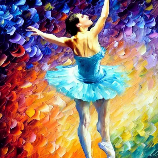 Image similar to palette knife oil painting of a leaping ballerina, extreme detail, style by leonid afremov and degas, artstation, artgerm, deviant art, octane, substance, art history, photo realistic