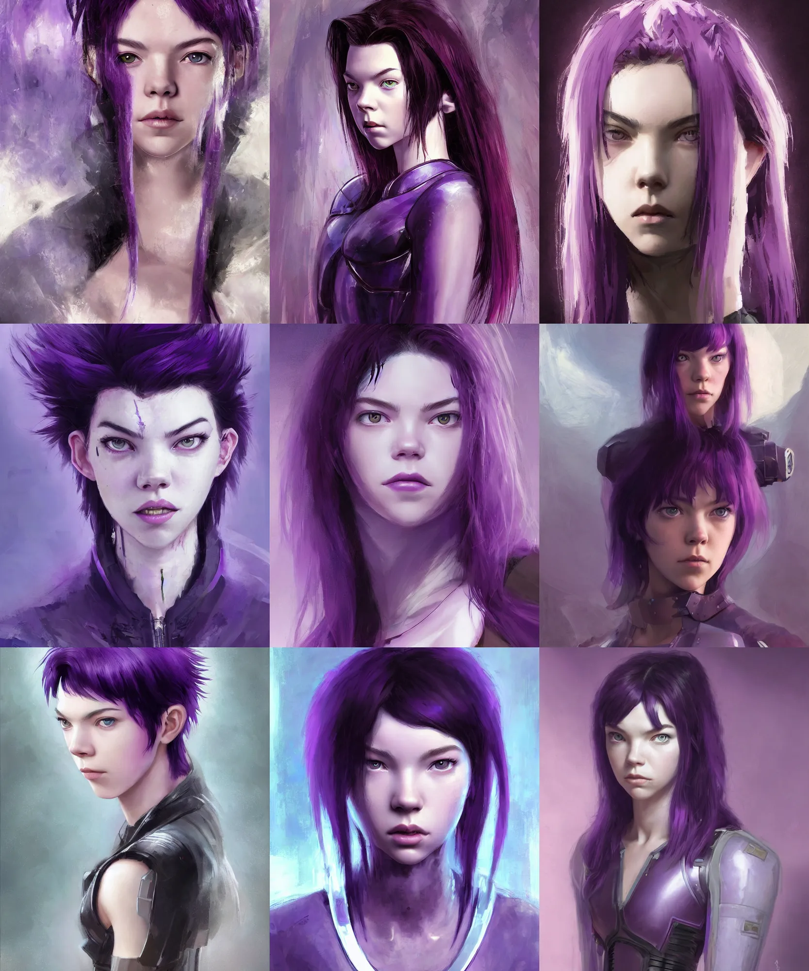 Prompt: digital art painting of a young woman similar to anya taylor - joy as motoko kusanagi, wolf hair cut, purple hair, wearing a futuristic police costume dnd portrait painted by craig mullins and gaston bussiere and greg rutkowski, symmetrical face, defined facial features, symmetrical facial features, dramatic lighting
