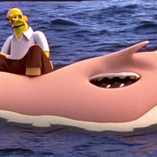 Image similar to cinematic film still of Homer Simpson in the movie JAWS, high detail