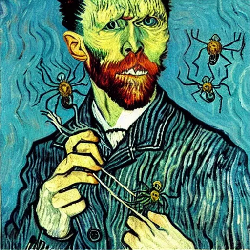 Prompt: “gothic Van Gogh eating spiders”
