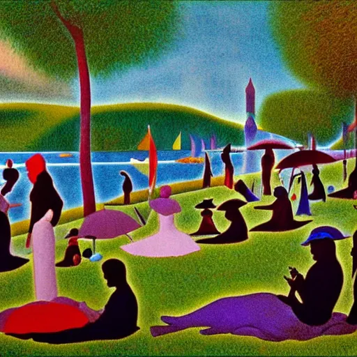 Prompt: a sunday afternoon on the island of la grande jatte, artwork of pedro bell, parliament, funkadelic, george clinton, bootsy collins, the mothership, chocolate city