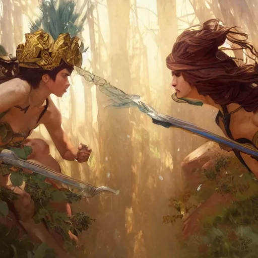 Image similar to Duel between an Amazon and a Valkyrie, fantasy, digital painting, detailed, artstation, pixiv, Krenz Cushart, Greg Rutkowski, Alphonse Mucha