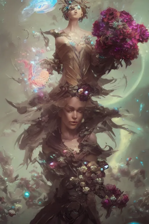 Image similar to beautiful girl necromancer covered with crystals exploding space, 3 d render, hyper realistic detailed portrait, holding magic flowers, ruan jia, wlop. scifi, fantasy, hyper detailed, octane render, concept art, peter mohrbacher