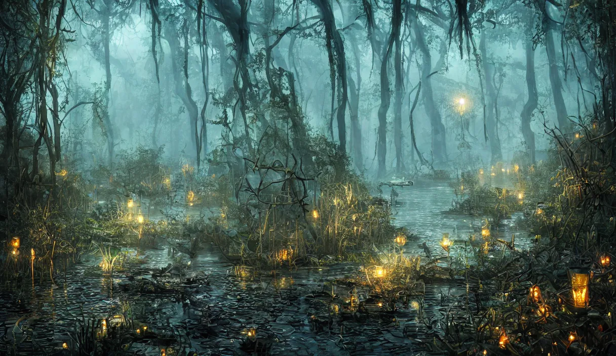 Image similar to swamp at night, stars, path, lanterns, torches, fireflies, bioluminescence, vines, fire, stream, fog, insane details, intricate, elite, ornate, elegant trend, highly detailed and intricate, sharp focus, photography, unreal engine, trending on artstation, photorealistic, octane, hyper detailed, trending on deviantart,