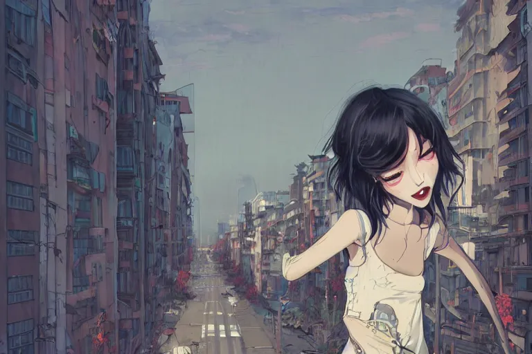 Image similar to urban school zombie girl in tattered clothes with a city street of Buenos aires in the background, dark blue long hair, muted colors, matte print, pastel colors, ornate, digital art, cute smile, digital painting, fan art, elegant, pixiv, by Ilya Kuvshinov, by Studio Ghibli