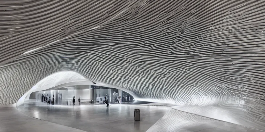 Image similar to extremely detailed stunning beautiful futuristic smooth curvilinear museum interior