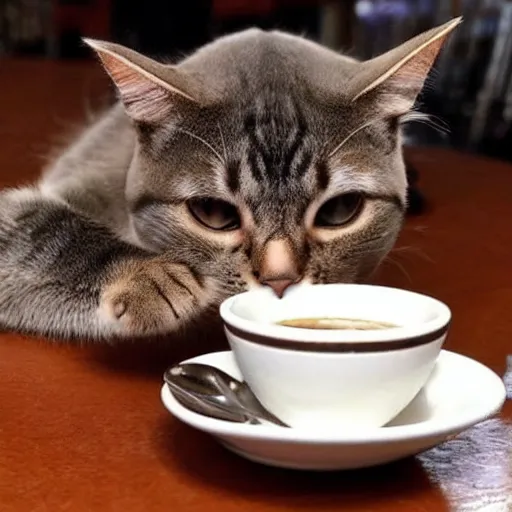 Image similar to a beautiful cat is drinking coffee