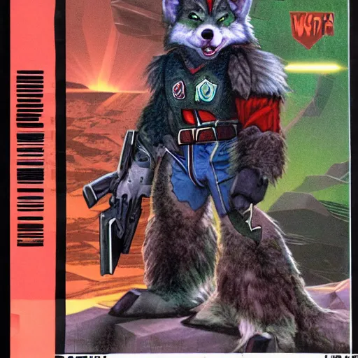 Image similar to 1 9 8 0 s video game art of anthropomorphic wolf o'donnell from starfox fursona furry wolf in a dark space mercenary uniform, looking heroic, magazine scan, 8 0 s game box art, dark grey wolf o'donnell