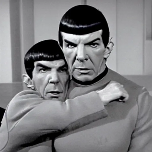 Image similar to Spock gives Kirk a hug