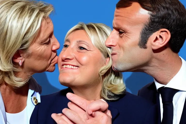 Image similar to Emmanuel Macron kissing Marine Lepen on the mouth , cartoon, white background